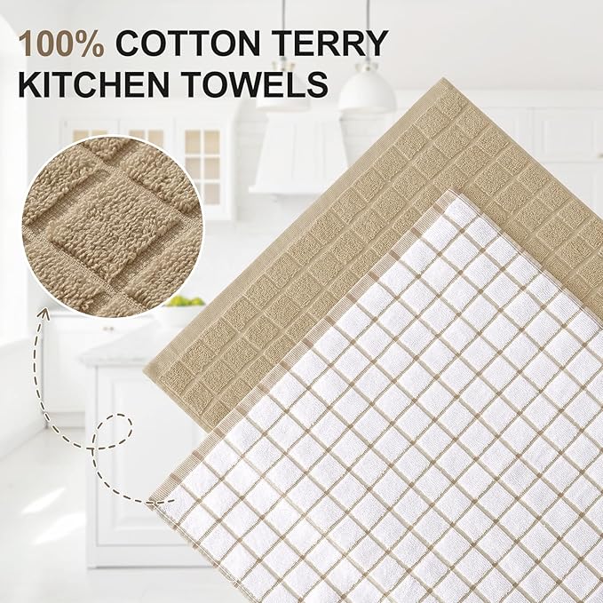 Homaxy Premium Cotton Kitchen Towels 16"x 28", Large Natural Ring Spun 390 GSM Dish Towels, Super Absorbent Terry Kitchen Hand Towels, Soft Tea Towels with Hanging Loop, Tan Check Design, 6 Pack