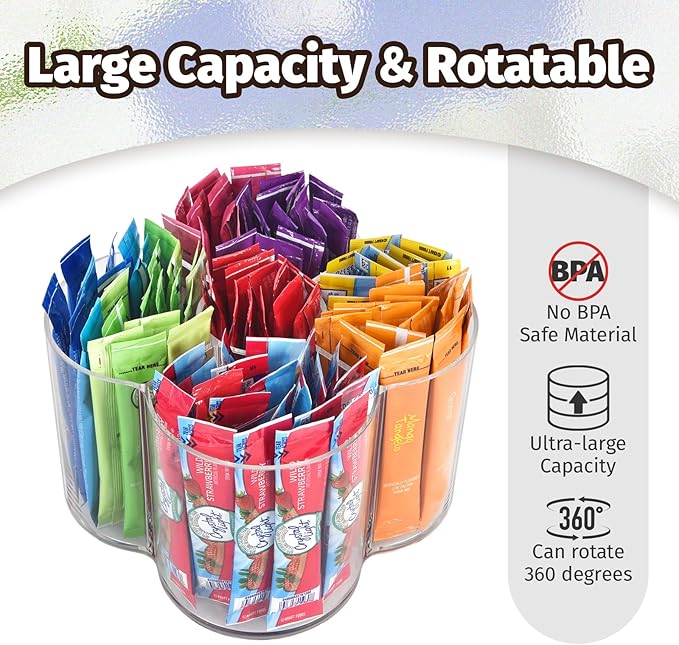 Drink Packet Organizer for Powdered Drink Mix,Powder Packet,Water Packet,Water Flavor Packet,Lazy Susan Organizer for Drink Mix Rotating Holder for Drink Mix Necessities (Flower)