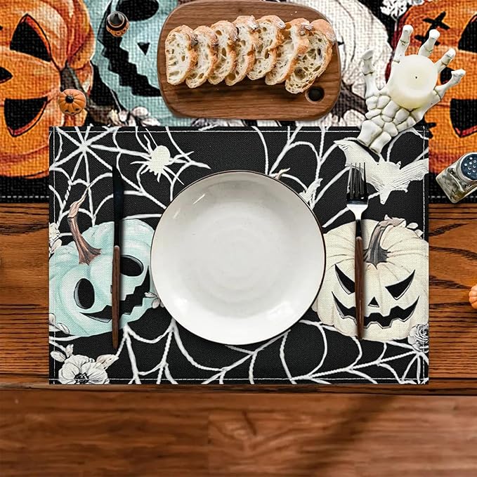 Bloss Pumpkins Spider Web Halloween Placemats Set of 4-12x18Inch Heat Resistant Place Mats,Halloween Tables Mats for Dining Table Decorations,Seasonal Place Mats Decor for Home/Party