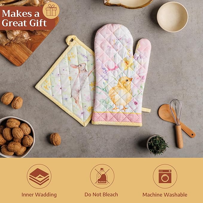 Maison d' Hermine Pot Holders 100% Cotton Heat Resistant Potholders 8" x 8" Hot Pads with Loop BBQ Cooking Baking Gifts for Mothers Day Handling Hot Pans Spring/Summer (Pack of 1, Easter Zest)