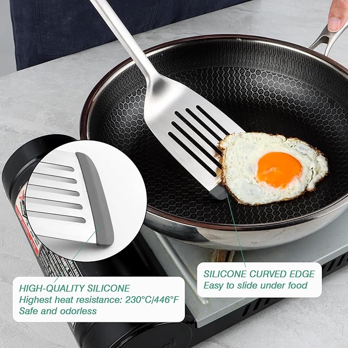 Silicone Spatula - Slotted Turner Fish Spatulas for Nonstick Cookware - Stainless Steel Pancake Flipper Perfect for Steak, Burger, Pizza, Egg - Comfortable Grip - Dishwasher Safe - 13.86 inch