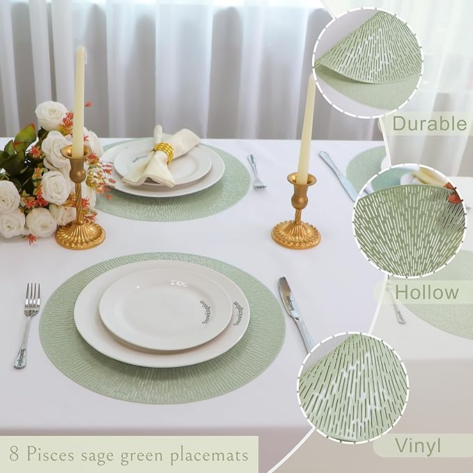 Snowkingdom Sage Green Easter Placemats Set of 8, Vinyl Hollow Spring 15 Inch Round Sage Green Place Mat, Washable Easy Clean Wipeable Non Slip Dining Table Mats for Wedding Bridal Shower Party Decor