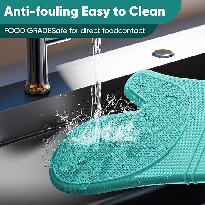 Silicone Oven Mitts, Heat Resistant Oven Gloves with Quilted Liner, Waterproof & Non-Slip Kitchen Mittens for Baking Cooking BBQ, 500°F, 12.5"-Aqua Sky