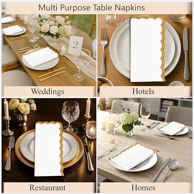 Ridhi Cloth Napkins 100% Pure Cotton Farmhouse Wedding Dinner Napkins for Halloween, Thanksgiving, Holiday Daily Wedding uses Napkins (4-18" x 18" White with Champagne Gold Edge)