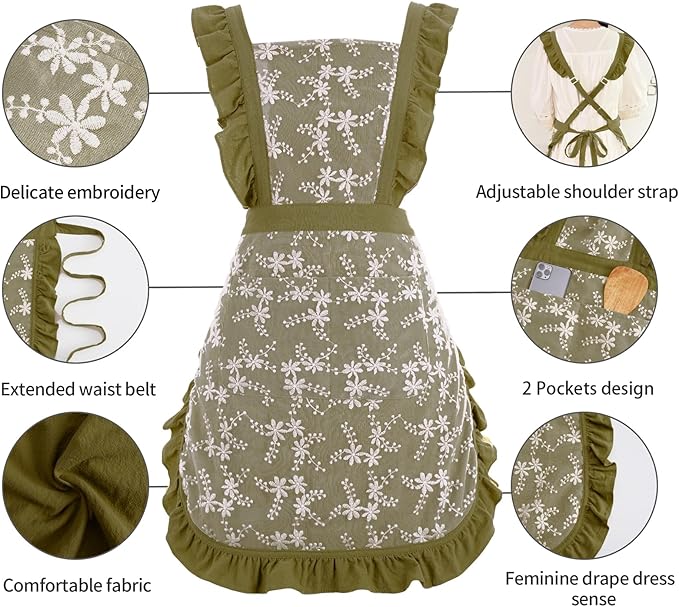 Pinknoke Vintage Pinafore Apron Dress for Women with Pockets Cute Floral Chef Aprons for Kitchen Cooking Baking Gardening