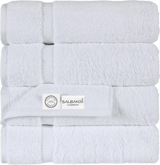 SALBAKOS 100% Turkish Cotton Bath Towels | 4 Piece Turkish Bath Towels White 27x54 Standard Size | Premium Hotel Quality, Super Absorbent, Thick, Plush Turkish Towel - Made in Turkey (White Pack of 4)