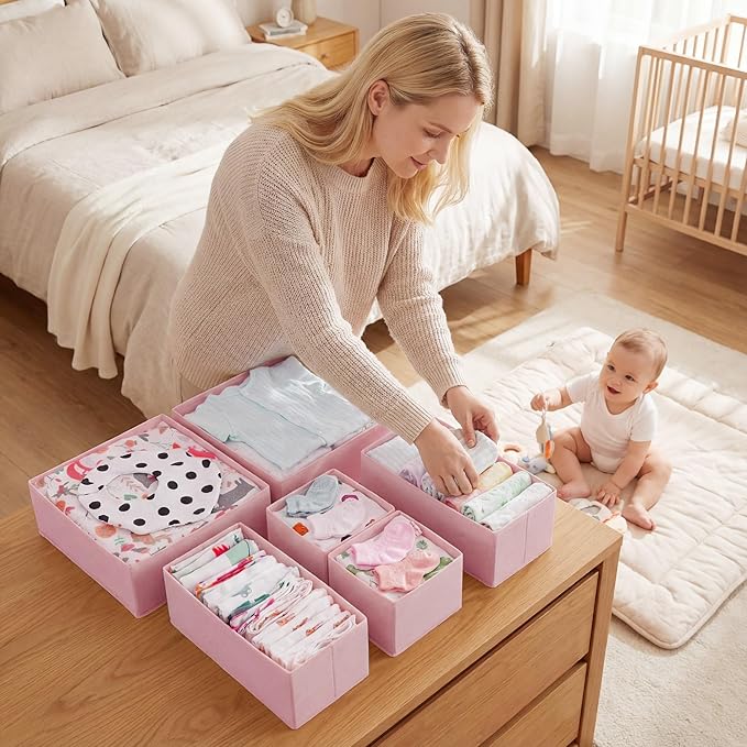 GRANNY SAYS Drawer Organizer Clothes, 6 Pack Dresser Organizer Bins for Nursery, Closet Organization and Storage Dividers for Clothing, Baby Clothes, Underwears, Pink