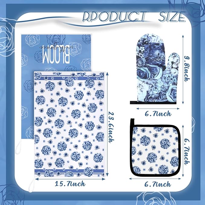 Leinuosen 8 Pcs Blue Rose Kitchen Towels and Dishcloths Sets Oven Mitts and Pot Holders Sets Absorbent Kitchen Gloves Potholders Heat Resistant for Chef Baking Cooking