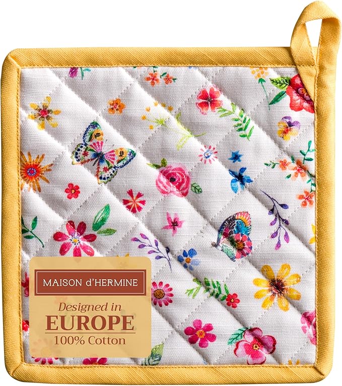 Maison d' Hermine Pot Holders 100% Cotton Heat Resistant Potholders 8" x 8" Hot Pads with Loop BBQ Baking Gifts for Mothers Day Handling Hot Pans Spring/Summer (Pack of 1, Happy Florals - Sweety)