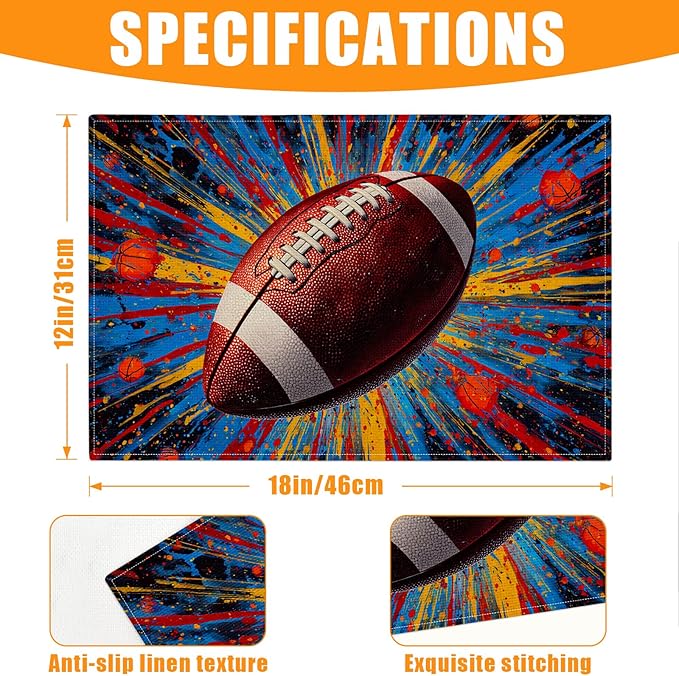 Colorful American Football Placemats Set of 6,12 x 18 Inch Table Mats Washable Heat Resistant Linen Fabric Rectangle Place Mat for Party Home Kitchen Dining