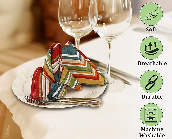 Ruvanti Cloth Napkins Set of 12 Cotton 100%, 20x20 Inches Napkins Cloth Washable, Soft, Absorbent, Cotton Napkin for Parties, Christmas, Thanksgiving, Weddings, Dinner NapkinsCloth - Multi Strip