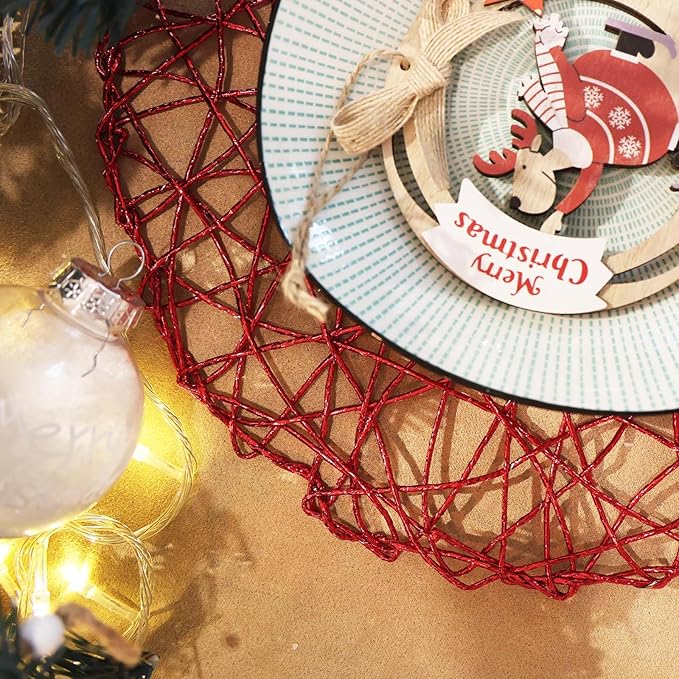 AHHFSMEI Paper Braided Round Placemats Set of 12 Natural Non-Slip Heat Resistant Table Mats for Dining Tables Woven Indoor & Outdoor Place mats (Red)