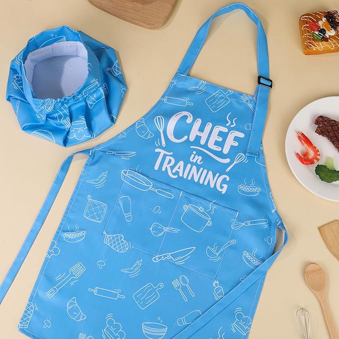 Kids Apron and Chef Hat Set, Funny Apron with 2 Pockets, Adjustable Kids Aprons for Cooking for Boys and Girls