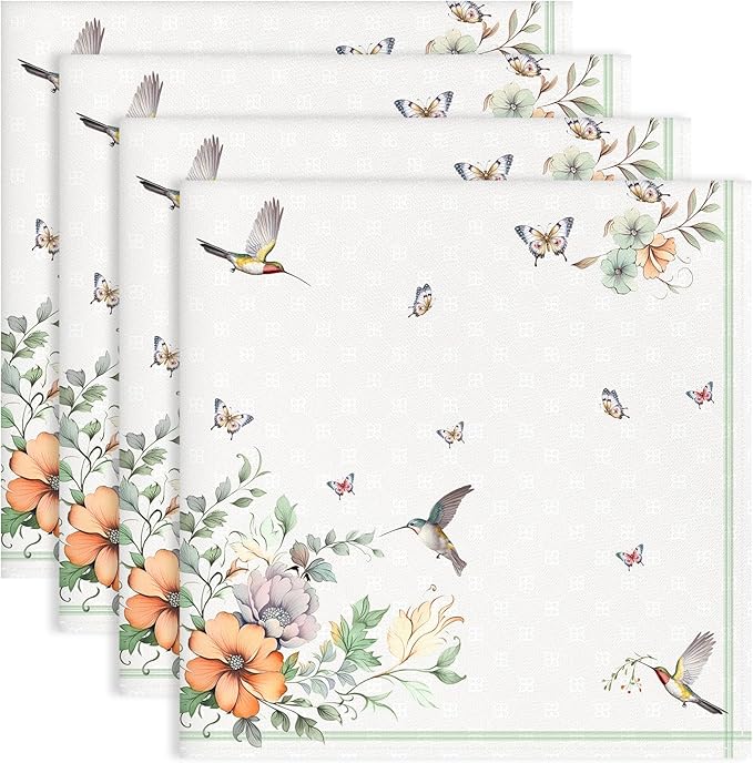 Spring Summer Flower Bird Napkins, 18×18 Inch Dinner Cloth Napkins Set of 4, Washable Cotton Soft Absorbent Square Table Top Decoration for Dining Kitchen Party Wedding