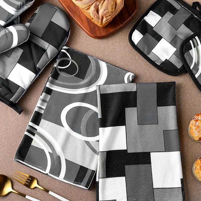 Jingmore 6 Pcs Kitchen Decor Set Accessorie Farmhouse Kitchen Towels Pot Holders Oven Mitts Set 2 Dish Towels 2 Pot Holders 2 Cooking Mittens Oven Glove for Cooking (Gray and Black,Geometric)