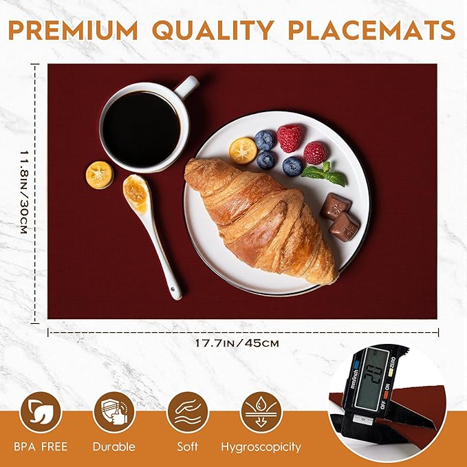 Placemats Set of 6 Linen Type Fabric Cloth Placemats, 18x12 Inch Double Layered Thick Wrinkle Free Heat Resistant Table Place, for Dining, Kitchen, Party (45 * 30cm, Burgundy)