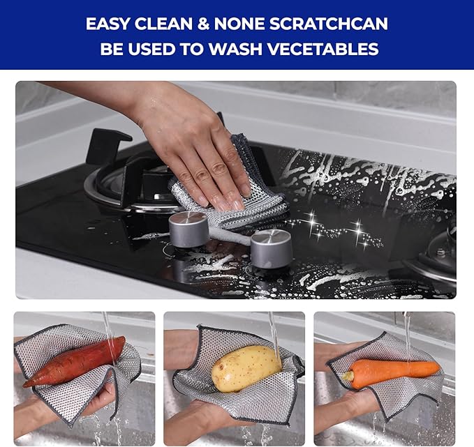 Wangjinpeng12 Pcs New Upgrade 3-Layer Metal Dish Cloths, Non-Scratch Odor-Free Multipurpose Wire Dishwashing Rags for Wet Dry Use, Kitchen Cleaning Cloths for Dishes, Sinks & Stove Tops(7.87X7.87)