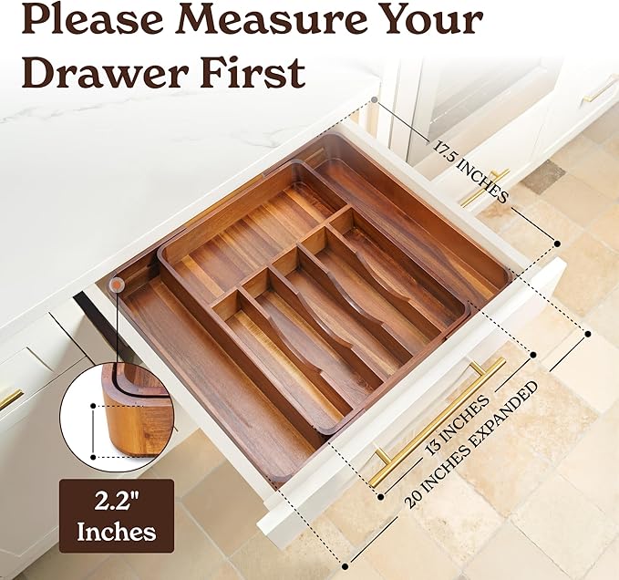 SMIRLY Silverware Drawer Organizer – Acacia Kitchen Drawer Organizer, Adjustable Utensil Holder and Cutlery Tray, Drawer Dividers for Flatware and Kitchen Utensils
