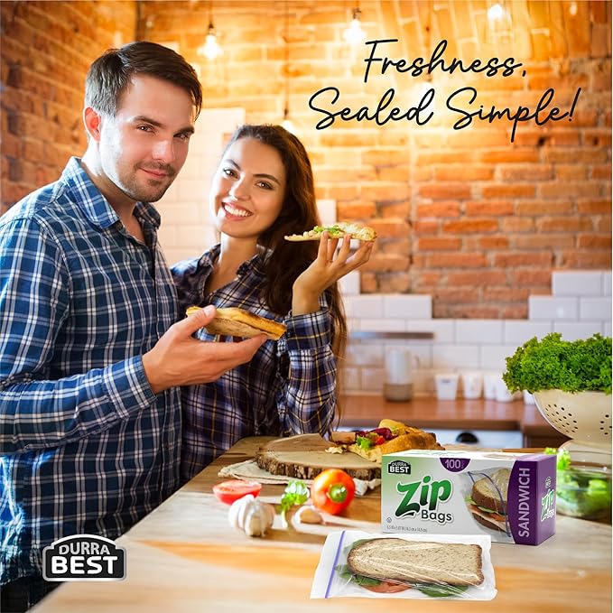Sandwich Zip Bags - 100 Count | Leak-Proof, Freezer Safe & Reusable Food Storage Bags for Lunch & Snacks | Durable BPA-Free Seal | DURRA BEST