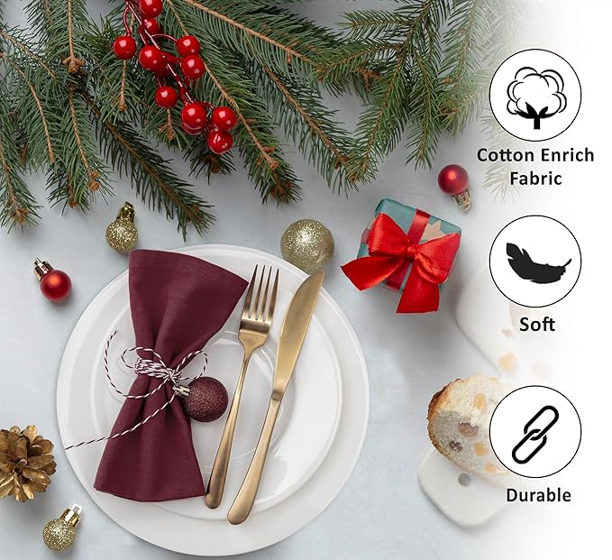 Ruvanti Cloth Napkins Set of 12, 18x18 Inches Napkins Cloth Washable, Soft, Durable, Absorbent, Cotton Blend. Table Dinner Napkins Cloth for Hotel, Weddings, Dinner, Christmas Parties - Burgundy