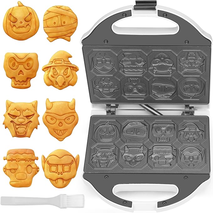 SugarWhisk Spooky Mini Waffle Maker for Kids, Mini Pancake Maker Machine, Electric Small Waffle Iron, 8 Fun Character Waffle Maker, Gift for Christmas Halloween, White