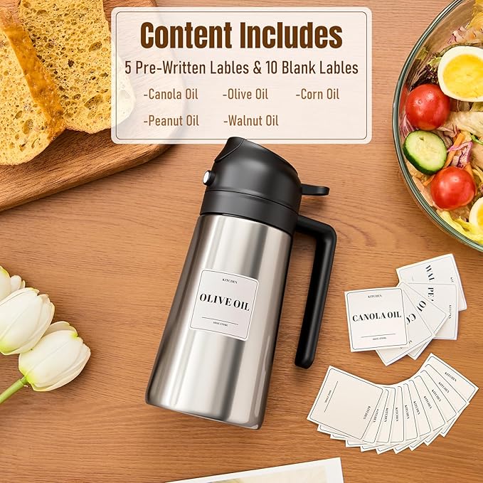 PARACITY Oil Dispenser Bottle with Stainless Steel Shell & Ceramic Sprayed Interior, 2 in 1 Olive Oil Sprayer and Dispenser, Oil Spray Bottle for Cooking, Kitchen, BBQ, Air Fryer, Salad, Baking(Black)