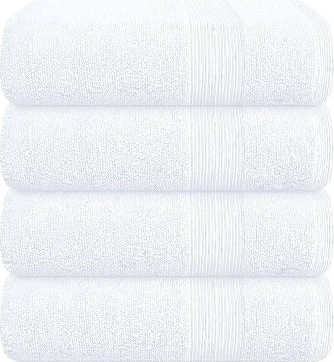 Belizzi Home 4 Pack Bath Towel Set 27x54, 100% Ring Spun Cotton, Ultra Soft Highly Absorbent Machine Washable Hotel Spa Quality Bath Towels for Bathroom, 4 Bath Towels - White