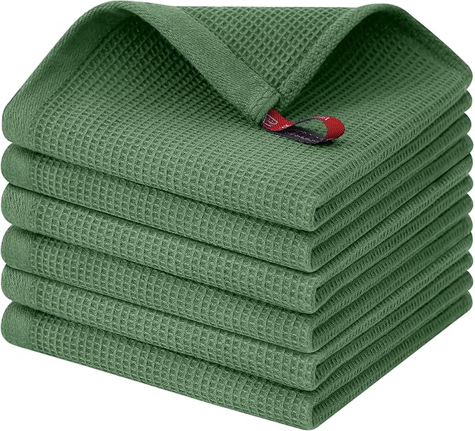 Homaxy 100% Cotton Waffle Weave Dish Cloths - 6 Pack Soft and Absorbent Dish Towels - 12 x 12 Inches Quick Dry Dish Rags - Grass Green