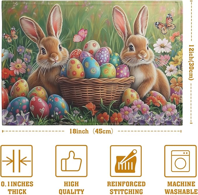 Easter Bunny Placemats Set of 4 Easter Colorful Eggs Floral Linen Fabric Table Mats Spring Farmhouse Seasonal Table Place Mats for Outdoor Indoor Home Party 12x18 Inch