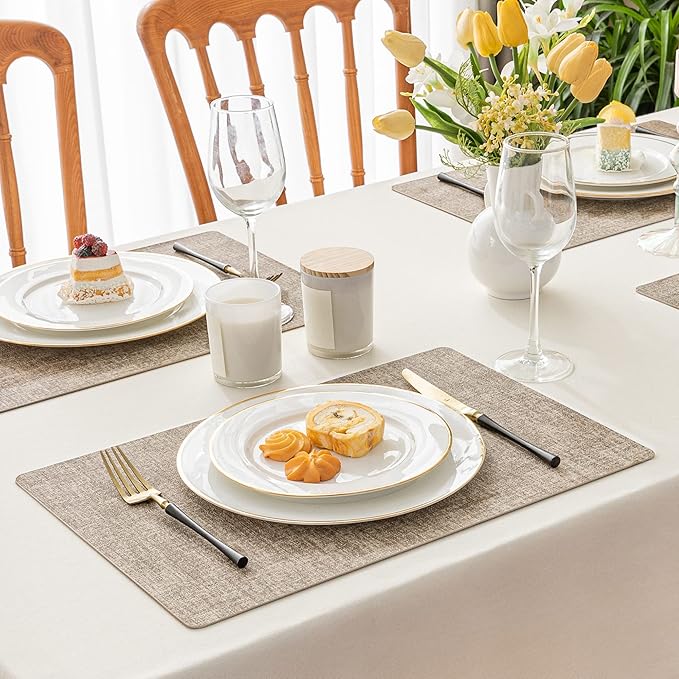 Romanstile Vinyl Placemats Set of 8-12 X 17 Inch - Faux Leather 100% Waterproof Oil-Proof Wipeable Place Mats, Heat Resistant Reversible PU Table Mats for Kitchen Dining Party Outdoor, Khaki