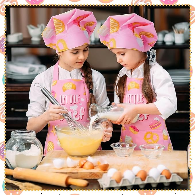 Kids Apron and Chef Hat Set, Funny Apron with 2 Pockets, Adjustable Kids Aprons for Cooking for Boys and Girls