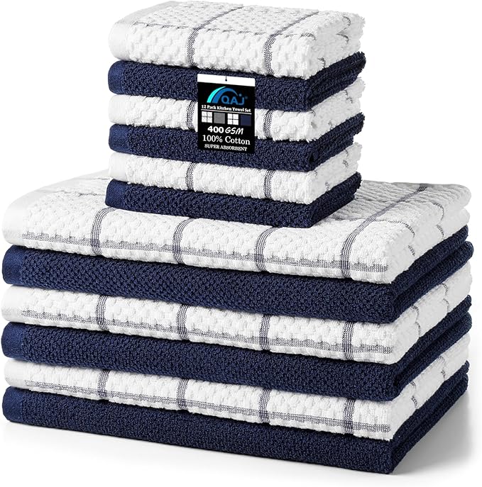 12 Pack Kitchen Towels and Dishcloths Set, 100% Cotton Soft and Absorbent Kitchen Towels 16 x 25 inche & 13 x 13inche Dishcloths
