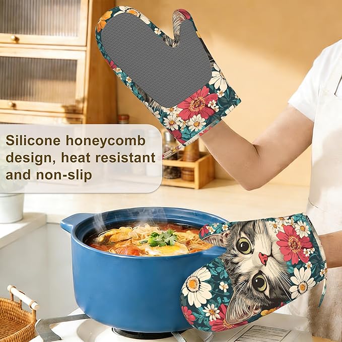 Cute Cat Oven Mitts and Pot Holders Set of 4,Blooming Colorful Flowers Kitchen Oven Glove Heat Resistant Oven Mitts with Non-Slip Silicone for Baking, Cooking, BBQ