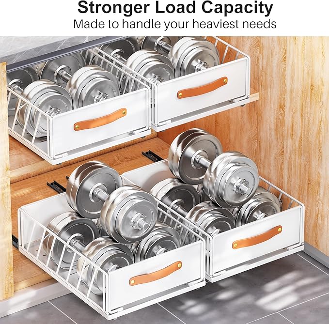 Pull out Cabinet Organizer,Heavy Duty Slide out Pantry Shelves Drawer Storage with Adhesive Nano Film,Sliding Mesh Cabinet Basket with Handle for Kitchen, Bathroom, Home, 9.8"W X 15.7"D X 6.2"H,White