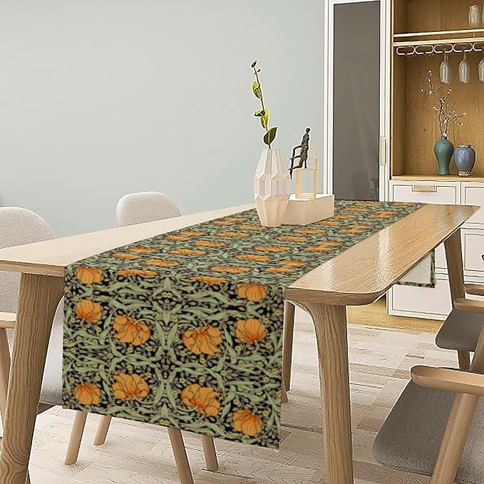 William Morris Vintage Floral Table Runner Farmhouse Sage Green Orange Art Printed Dinner Runner for Home Kitchen Dining Table Decor Fabric 1 Panel W13xL120in