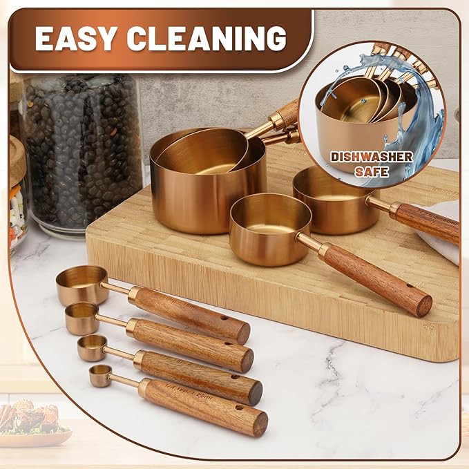 Premium Measuring Cups and Spoons Set with Wood Handle, 8-Pieces Stainless Steel Liquid and Dry Measuring Cup Set for Baking, Cooking, Coffee with Ergonomic Grip & Engraved Markings (Bronze8)