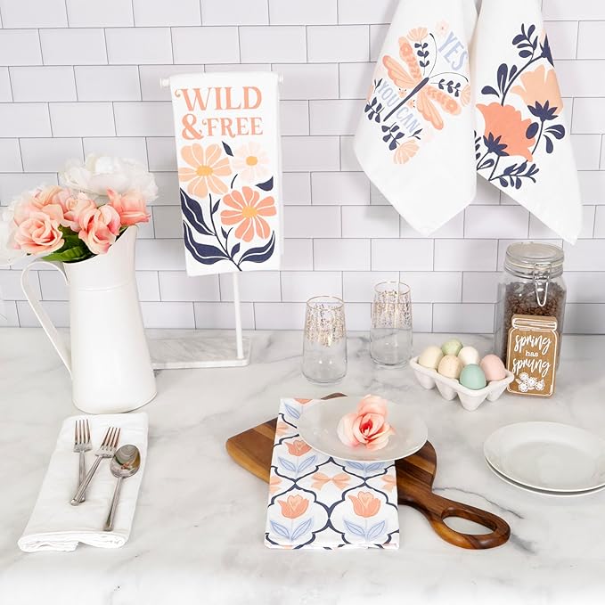 Ritz 100% Cotton Kitchen Towels, Tulips Peach Spring – 16"x26" – Absorbent Dish Towels for Drying & Cleaning – Soft & Durable (Set of 4)