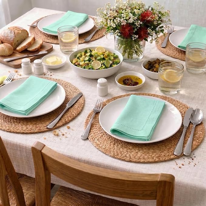 Palisa Mist Green Cotton Napkins Set of 12 | Premium Hemstitch Detailing Cloth Dinner Napkins 18x18 Inch | Soft Washable & Reusable Table Napkins for Everyday Use Weddings Restaurants & Hotels