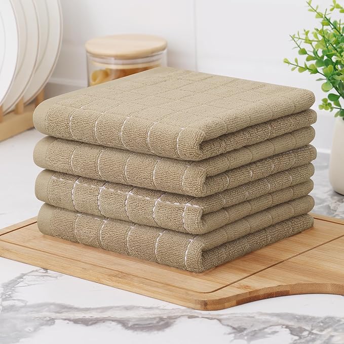 Homaxy 100% Cotton Terry Kitchen Towels(Tan, 13 x 28 inches), Checkered Designed, Soft and Super Absorbent Dish Towels, 12 Pack