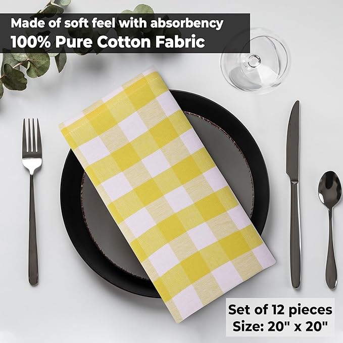 Urban Villa Cloth Napkins Set of 12 20x20 Inches 100% Cotton Napkins Cloth Washable Soft Durable Reusable Absorbent Table Dinner Napkins Cloth for Hotel Lunch Restaurant Weddings Parties-Yellow White