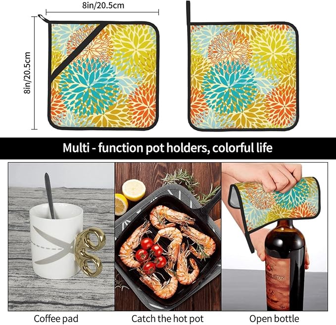 Pot Holders Set of 2 Heat Resistant & Non Slip Potholders, Cute Floral Oven Hot Pads with Pockets for Kitchen Cooking Baking Barbecue