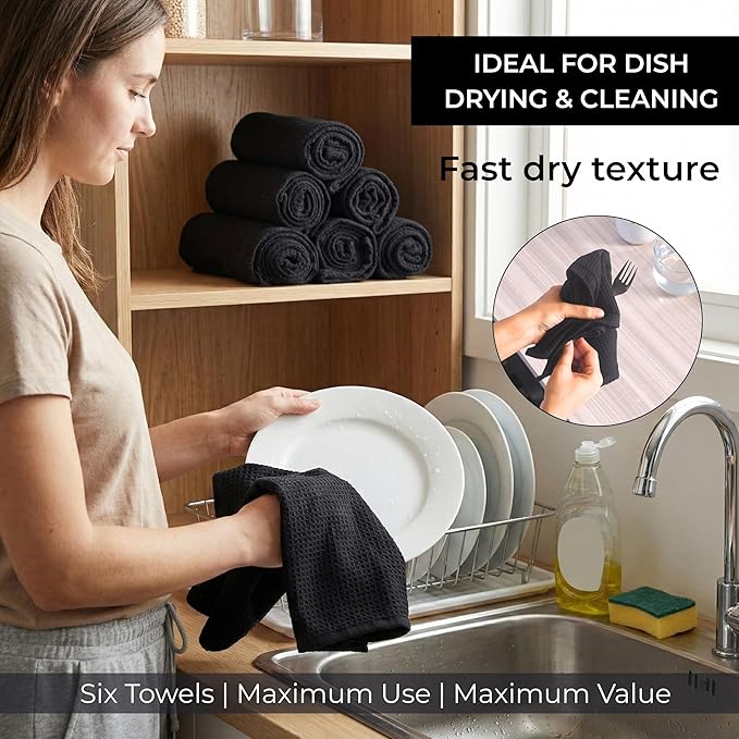 Highly Absorbent Cotton Dish Towels for Drying - Set of 6 Black Kitchen Towels - 18"X28" Lint Free Waffle Weave Cloth Linen Hand Bathroom Bulk Dishtowels