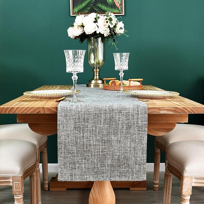 Farmhouse Rustic Faux Linen Table Runner Neutral Grey Table Runners Double Layer Reversible Rectangle Runners for Daily Use Kitchen Dining Banquet Holiday 13x48 Inch