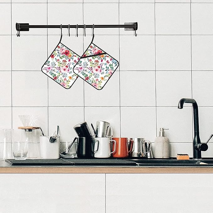 Watercolor Floral Flowers Pot Holders Set of 2 Kitchen Heat Resistant Potholder for Microwave Cooking Baking Oven End Dishes and BBQ