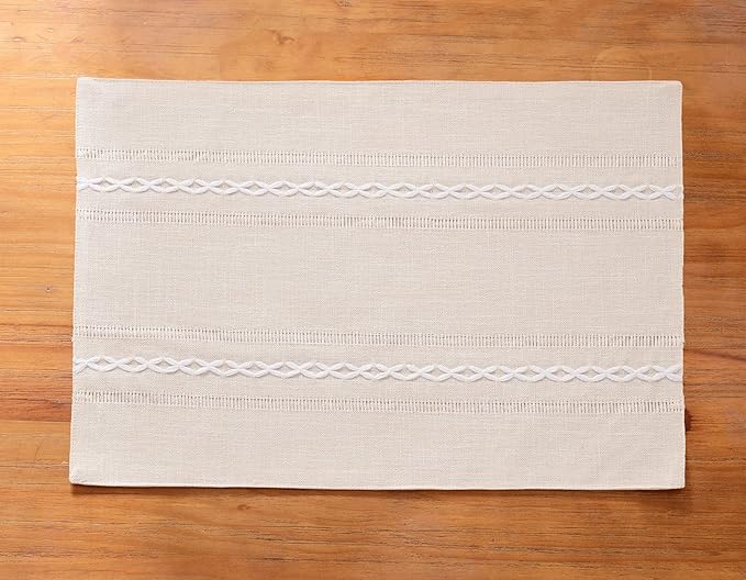 Wracra Cotton Linen Placemats, 12 x 18 Inch Set of 8 Placemats Rustic Hemstitch Place Mats for Kitchen Table and Heat Resistant-Hemstitch Ivory