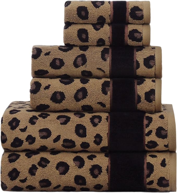 COTTON CRAFT 6 Piece Towel Set - Animal Print Leopard Cheetah Africa Safari 100% Cotton Jacquard 2 Bath Towel, 2 Hand Towel, 2 Washcloth Soft Absorbent Luxury Decorative Guest Towel Bathroom Towel Set