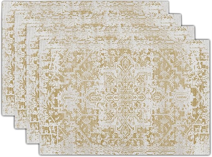 aportt Gray Tan Boho Placemats Set of 4 Ethnic Bohemian Carpet Place Mats Washable Kitchen Dining Vintage Grey Geography Floral Linen Table Mats Stain Heat-Resistant for Home Party Indoor 12x18 in