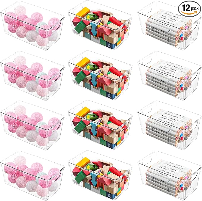 Homaigie 12 Pack Small Clear Plastic Storage Bins, Multi-Use Acrylic Arts and Craft Storage Containers, Clear Craft Organizer Bins with Handles for Art Supplies, Office, Pantry, Kitchen