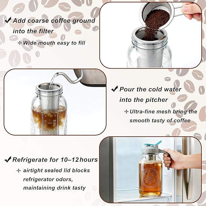 Mason Jar Cold Brew Coffee Maker 32 Oz Wide Mouth Cold Brew Pitcher 1 Quart Airtight & Leakproof Mason Jar Pitcher With Stainless Steel Fine Mesh Filter For Coffee, Iced Tea, Sun Tea, Lemonade