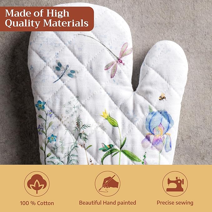 Maison d'Hermine Oven Gloves 100% Cotton Oven Mitt 7" x 13" with Loop Heat Resistant BBQ Cooking Gloves Baking Grilling Gifts for Mothers Day Spring/Summer (Pack of 1, Fleurs De Mai)
